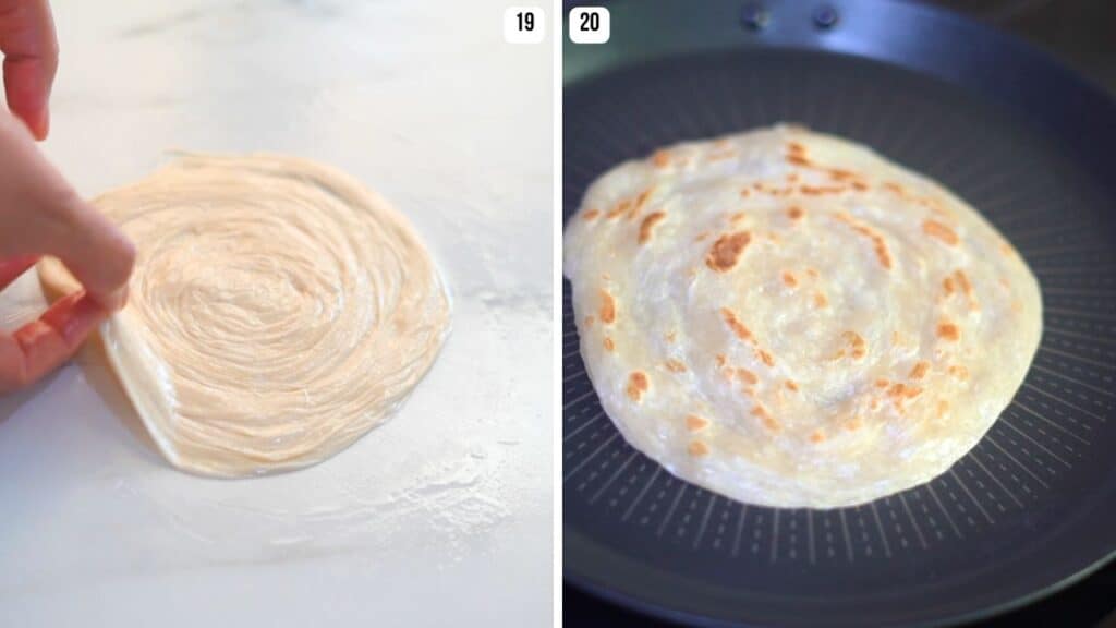 cooking malabar paratha in skillet