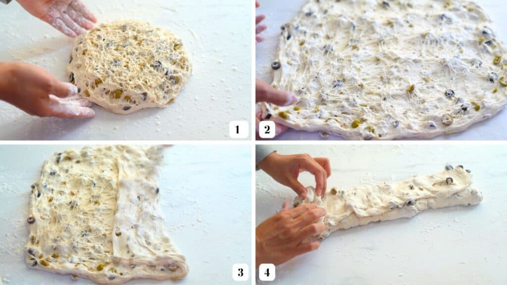 shaping No knead Olive bread