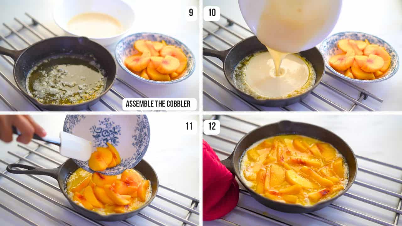 peach cobbler in a cast iron skillet